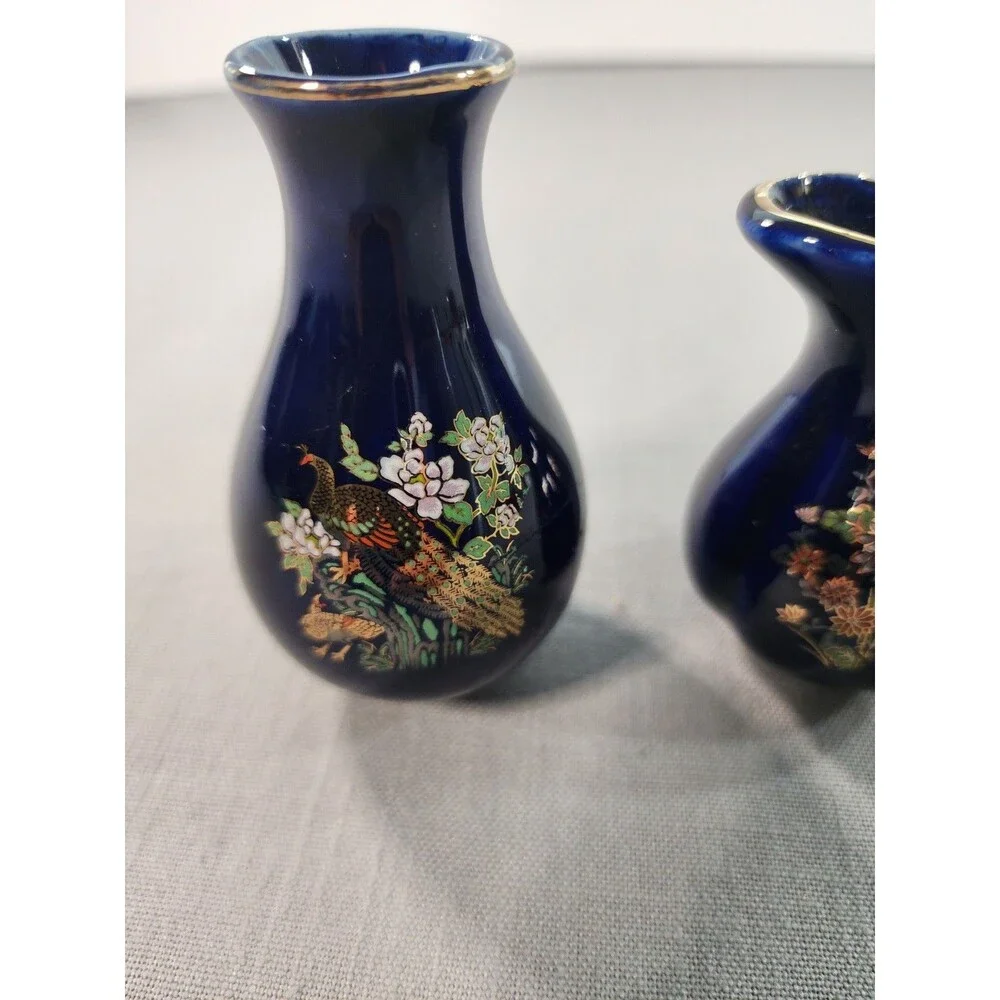 Vintage Cobalt Blue Mini Vase & Creamer Pitcher Set with Gold Trim – Floral &...
